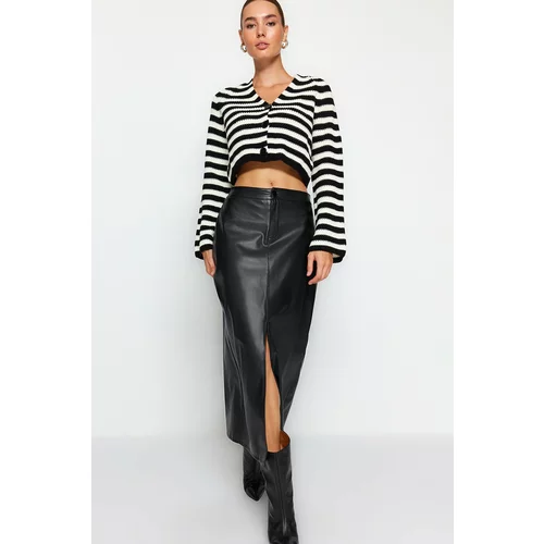 Trendyol Black Slit Faux Leather High Waist Maxi Knitted Skirt
