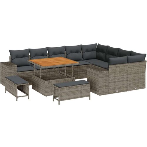  12-dijelni set vrtnih kauča s jastučićima Siva Poliratan Akacija  3-dijelni set vrtne blagovaonice s jastučićima Siva Poliratan Cijene