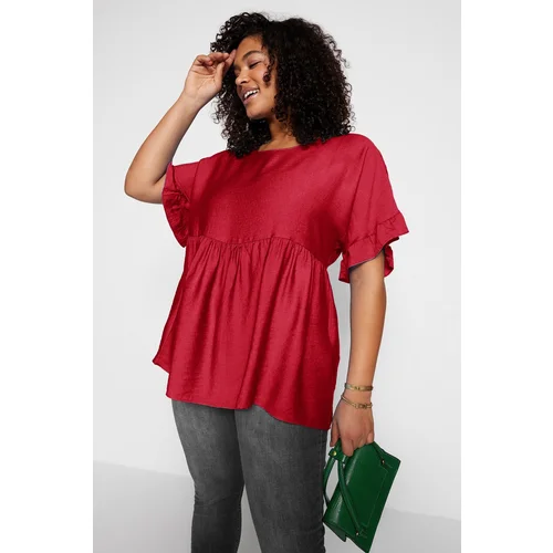 Trendyol Curve Red Short Sleeve Woven Flounce Plus Size Blouse