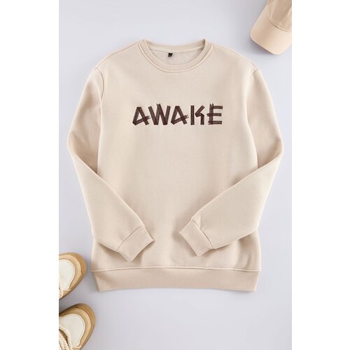 Trendyol Stone Oversize/Wide Cut Fleece Embroidered Sweatshirt Slike