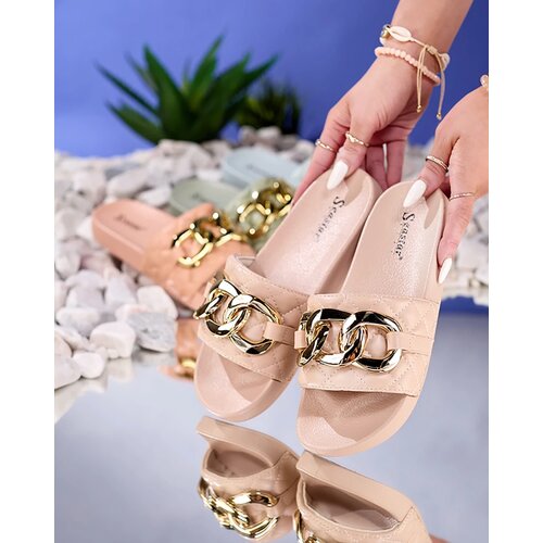 Resti Royalfashion Beige women&amp;#039;s quilted flip-flops with gold chain Eteris Slike