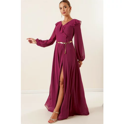By Saygı Plum Chiffon Long Dress with Balloon Sleeves and Pleats in the Front.