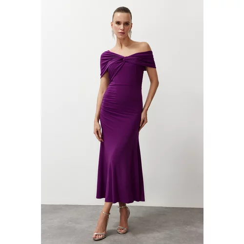 Trendyol Purple Asymmetrical Collar Knitted Stylish Evening Dress