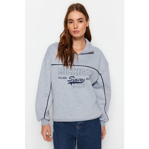 Trendyol Gray Zipper Printed Oversized Thick Fleece Inside Knitted Sweatshirt Cene