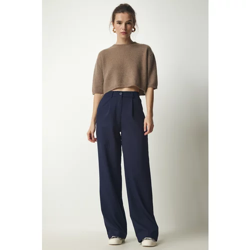 Happiness İstanbul Women's Navy Blue Pleated Woven Trousers