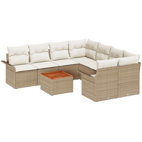  9-dijelni vrtni kauč set s jastučićima bež poli ratan akacija kauč za 2 osobe s pohranom i jastučićima bež poli ratan Slike