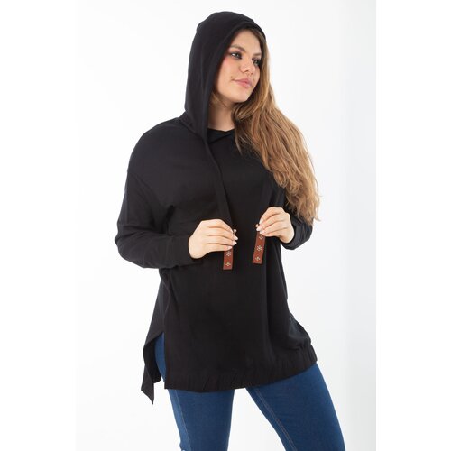 Şans Women's Plus Size Black Back Long Side Slit Hooded Sweatshirt Slike