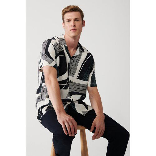Avva Men's Beige Viscose Cuban Collar Abstract Patterned Short Sleeve Standard Fit Regular Cut Shirt Slike