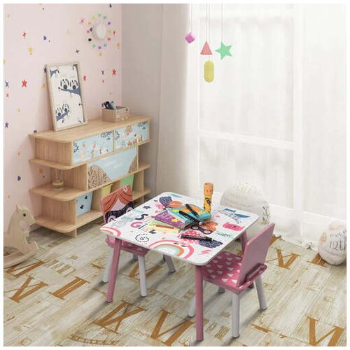 Kinder Home Dječji drveni stol s 2 stolčića, komplet za učenje, igru, crtanje, hranjenje, bijelo, ružičasto - SUPER GIRL Cene