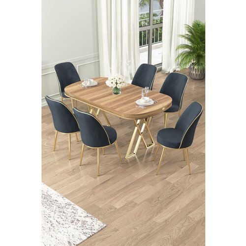 Hanah home Lai - Light Walnut, Gold, Anthracite Light WalnutGoldAnthracite Dining Table & Chairs Set (7 Pieces) Cene