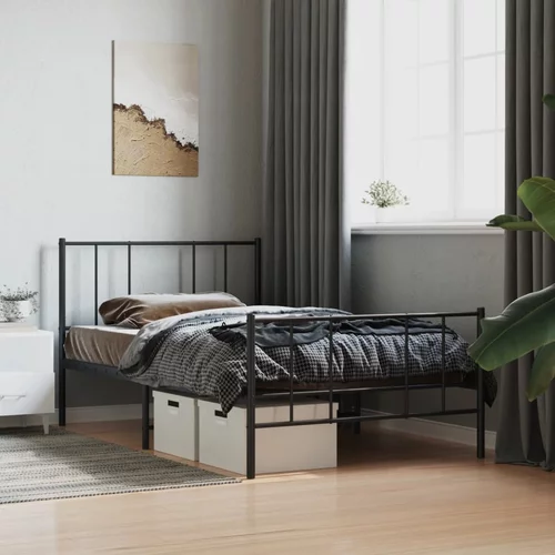 vidaXL Kovinski posteljni okvir z vzglavjem in vznožjem črn 107x203 cm
