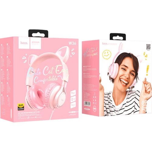 Hoco. Slu&amp;scaron;alice sa mikrofonom, 3.5mm utikač, 1.2m kabel - W36 slu&amp;scaron;alice Mačje u&amp;scaron;i,Pink Slike