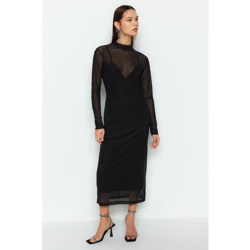 Trendyol Limited Edition Black Shiny Stone Tulle Dress