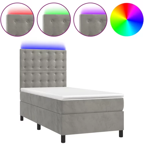 vidaXL Box spring postelja z vzmetnico LED svetlo siva 90x190cm žamet, (20789967)