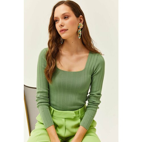 Olalook Women's Almond Green Square Neck Thick Ribbed Knitwear Blouse Slike