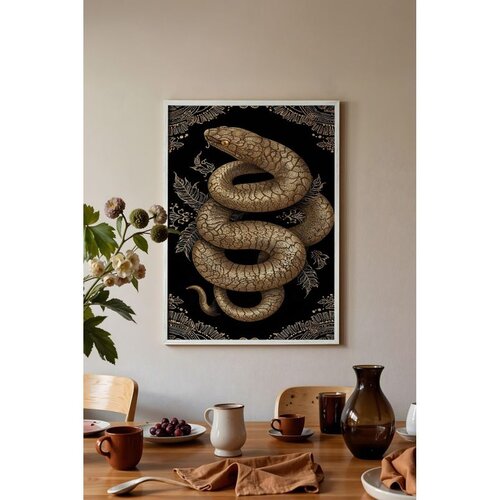 Wallxpert uramljena slika 115271, zlatna zmija na crnoj pozadini, 50 x 70 cm, beli ram Cene