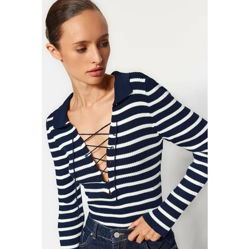 Trendyol Navy Blue Striped Knitwear with Snap fastener Body