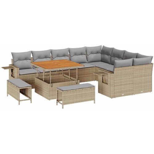  Set od 12 komada vrtne sofe s jastučićima bež poli ratan akacija Set od 3 komada vrtne blagovaonske garniture s jastučićima bež Slike