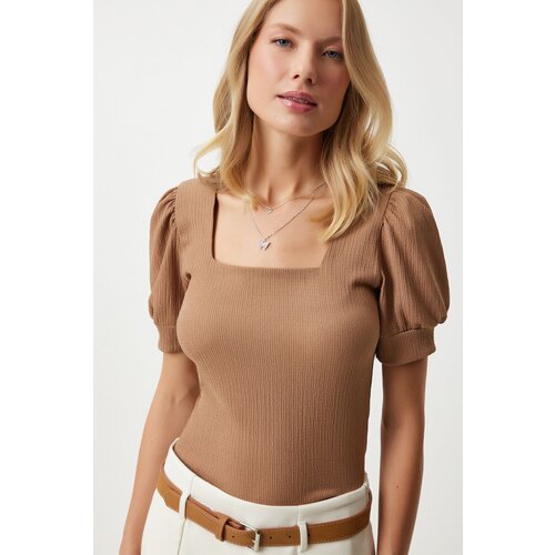 Women's Camel Square Collar Balloon Sleeve Knitted Blouse Slike