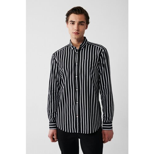 Avva Men's Black 100% Cotton Oxford Buttoned Collar Striped Standard Fit Regular Cut Shirt Cene
