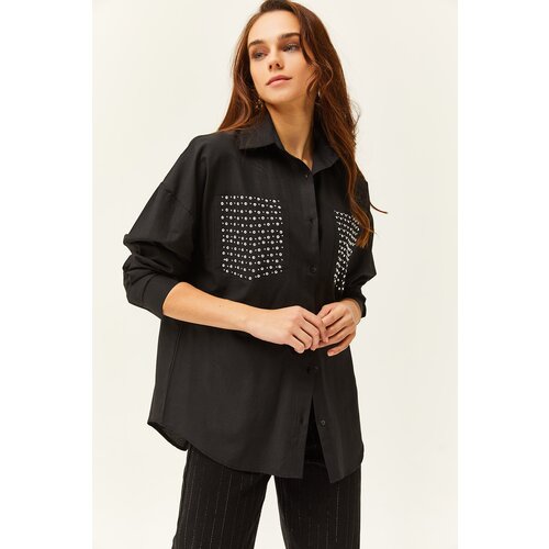 Olalook Women's Black Pocket Staple Detailed Oversize Shirt Cene