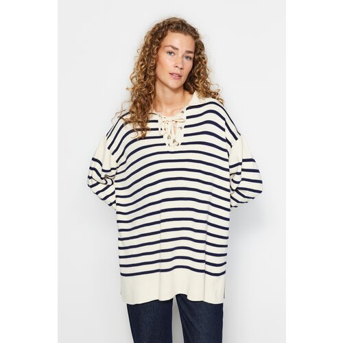 Trendyol Beige Comfortable Fit Striped Knitwear Sweater Slike