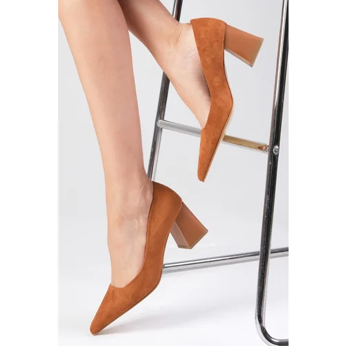 Mio Gusto Fleur Tan Suede Block Heel Women's Heeled Shoes