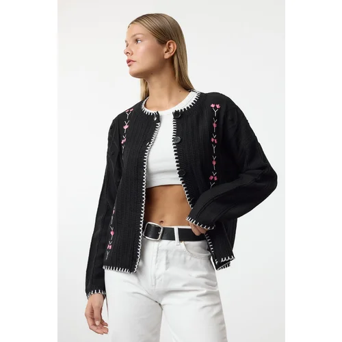 Trendyol Black Embroidery Detailed Knitwear Cardigan