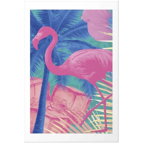  Plakat - Pink Flamingo - abstract flamingo against a background of palm trees and ice cubes 40x60 Bez okvira s margom Slike