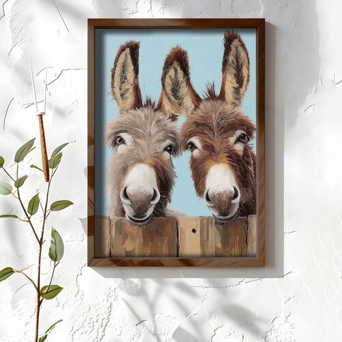 Wallxpert uramljena MDF slika NAL033-46, dva magarca vire preko drvene ograde, 35,5 x 47 cm Cene