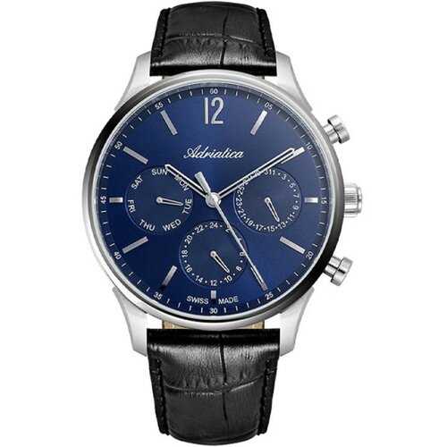 Adriatica muški portofino multifunction safir plavi srebrni elegantni ručni sat sa crnim kožnim kaišem Slike