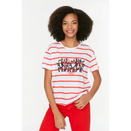 Trendyol White Striped Printed Loose Knitted T-Shirt