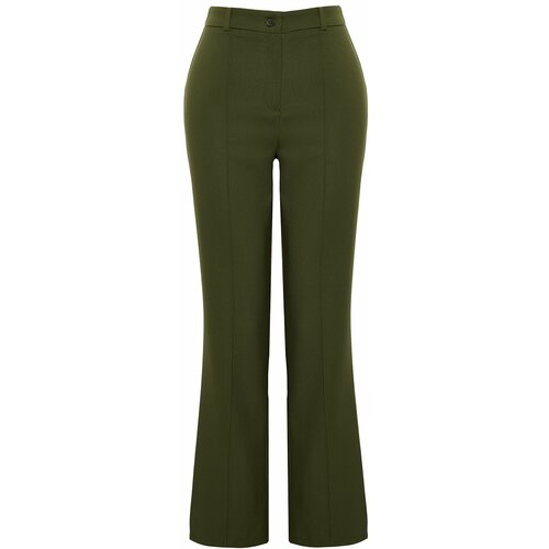 Trendyol Khaki Straight/Straight Fit High Waist Ribbed Stitched Woven Trousers Cene