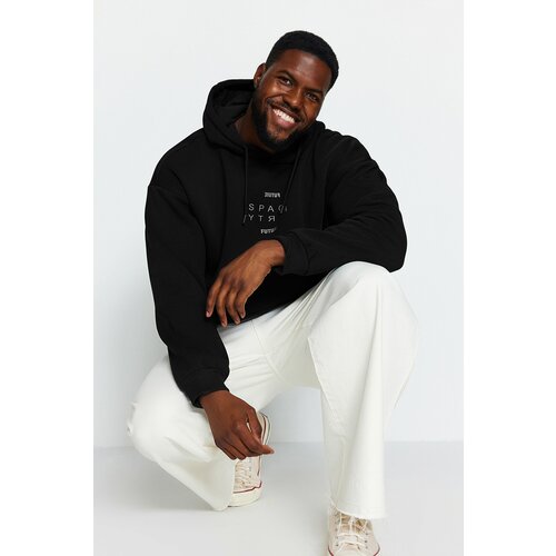 Trendyol Black Men's Plus Size Oversized Comfortable Hoodie. Reflective Printed Fleece Inner Sweatshirt. Cene