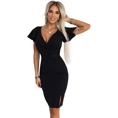 Numoco 479-9 NINA Elegant dress with crossover neckline, sleeve and belt - BLACK Cijene