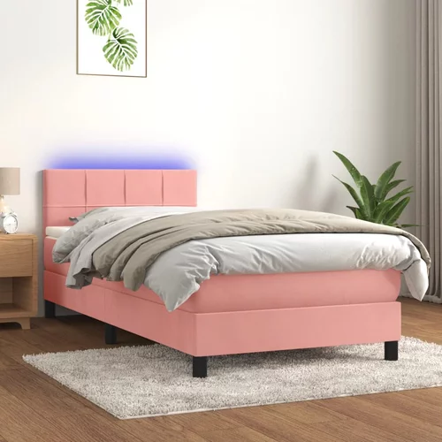 vidaXL Box spring postelja z vzmetnico LED roza 90x200 cm žamet