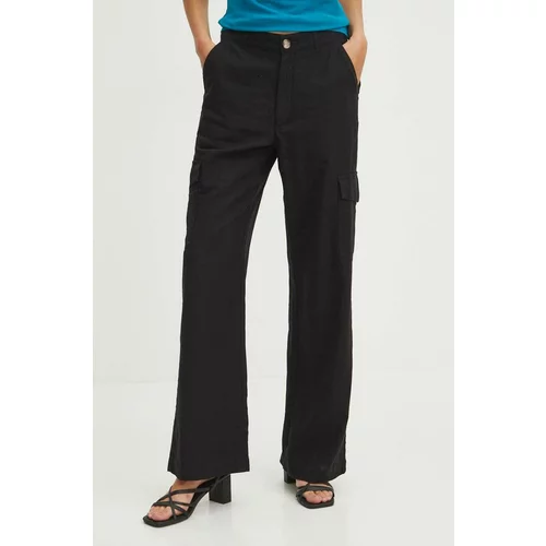 Medicine Lanene hlače za žene, boja: crna, široke, visoki struk