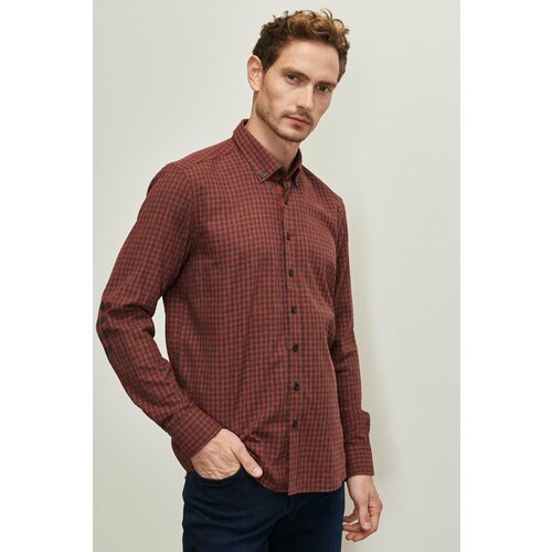 ALTINYILDIZ CLASSICS Men's Anthracite-red Slim Fit Narrow Cut Button Collar Flannel Shirt Slike