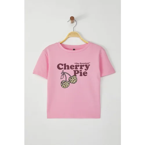 Trendyol Pink Slogan Printed Crop Fitted/Fits Body Knitted T-Shirt