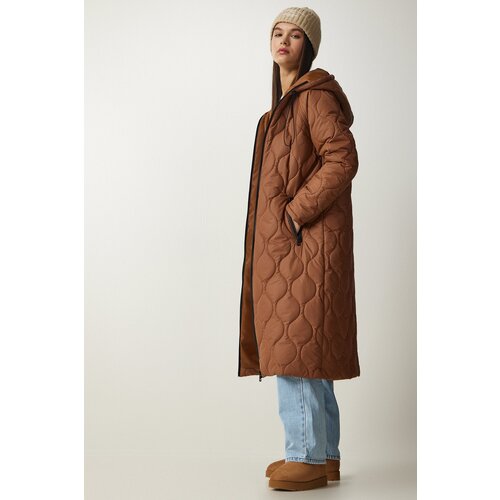  Women&amp;#039;s Brown Hooded Quilted Coat with Pockets Slike