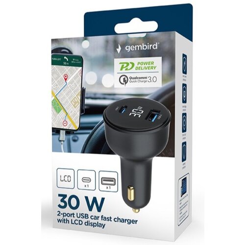 Gembird TA-UC-AC2PD30LCD-CAR-01 2-port USB brzi punjac za auto Type-C PD LCD 30W black Cene