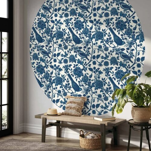  Okrugla fototapeta - Birds and roses - monochrome blue pattern with botanical motif 230x230 Slike