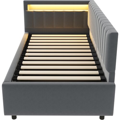 Lumor Postelja s predalom 90x200 cm z LED - tkanina iz žameta - siva, (22156235) Cene