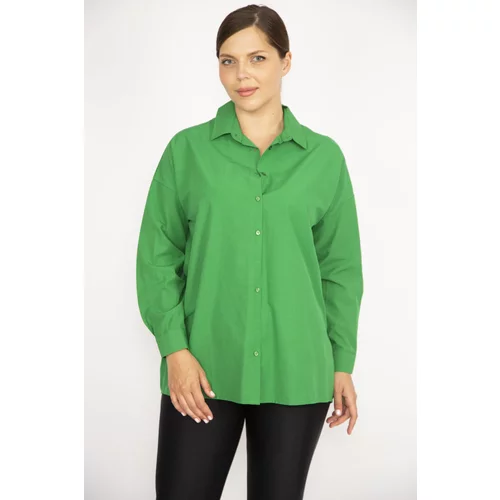 Şans Women's Plus Size Green Front Buttoned Long Sleeve Shirt