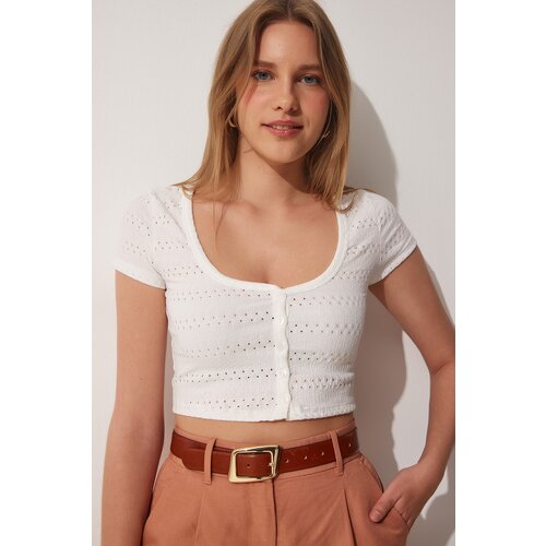  Women's White U-Neck Openwork Crop Knitted Blouse Cene