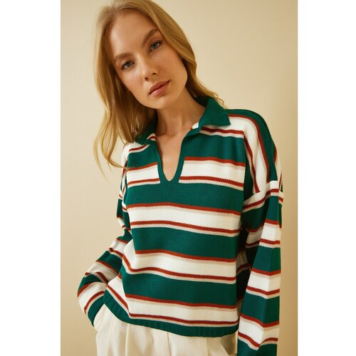 Happiness İstanbul Women's Green Polo Neck Striped Crop Knitwear Sweater Cene