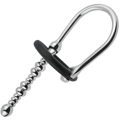 SuperLove Stainless Steel Beaded Penis Plug Cum Stopper with Silicone Glans Ring Slike