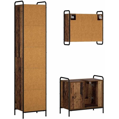  Set ormarića za kupaonicu 3 kom. Staro drvo 40 x 36 x 181 cm - Staro drvo Ormarić za umivaonik (1 vrata i 1 polica) + viseći orm Slike
