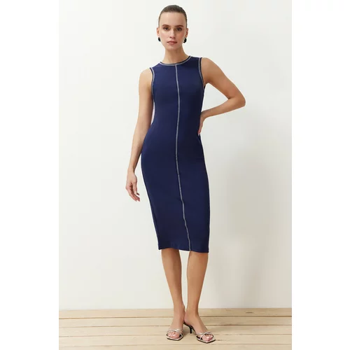 Trendyol Navy Blue Fitted/Body-Sitting Cot Stitching Detailed Ribbed Flexible Knitted Midi Dress