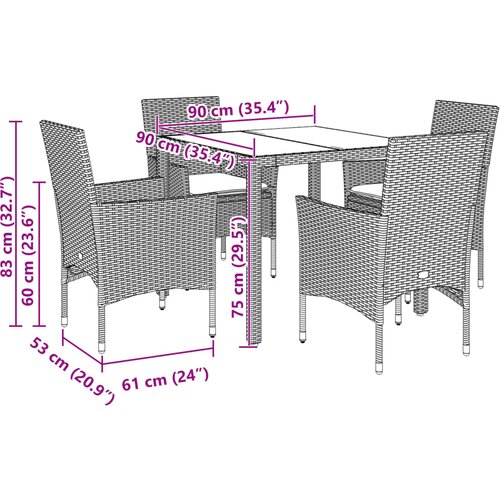  5-dijelni vrtni blagovaonski set s jastucima poliratan i staklo Crna 90 x 90 x 75 cm Slike